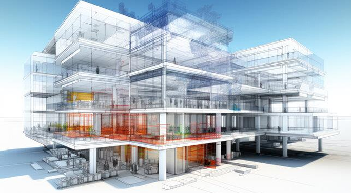 Transparent building model showing the structure and internal systems