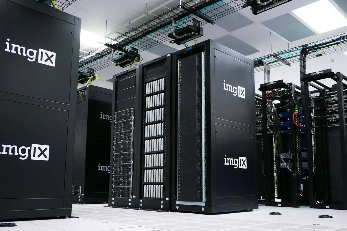 Rows of server racks in a data center