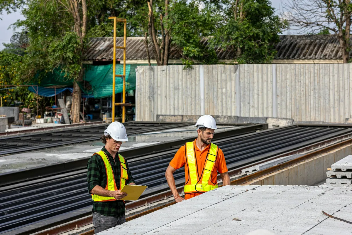 Two construction professionals reviewing plans beside stored steel sections