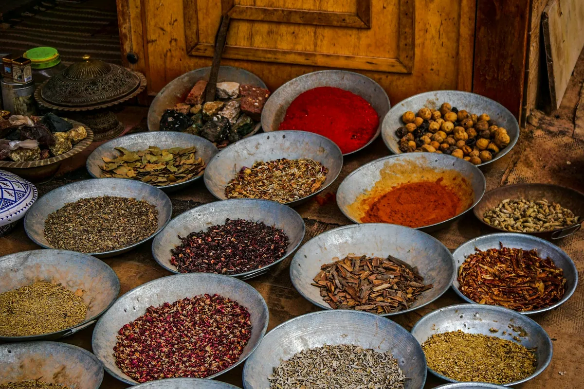 Different ground spices arranged in bowls