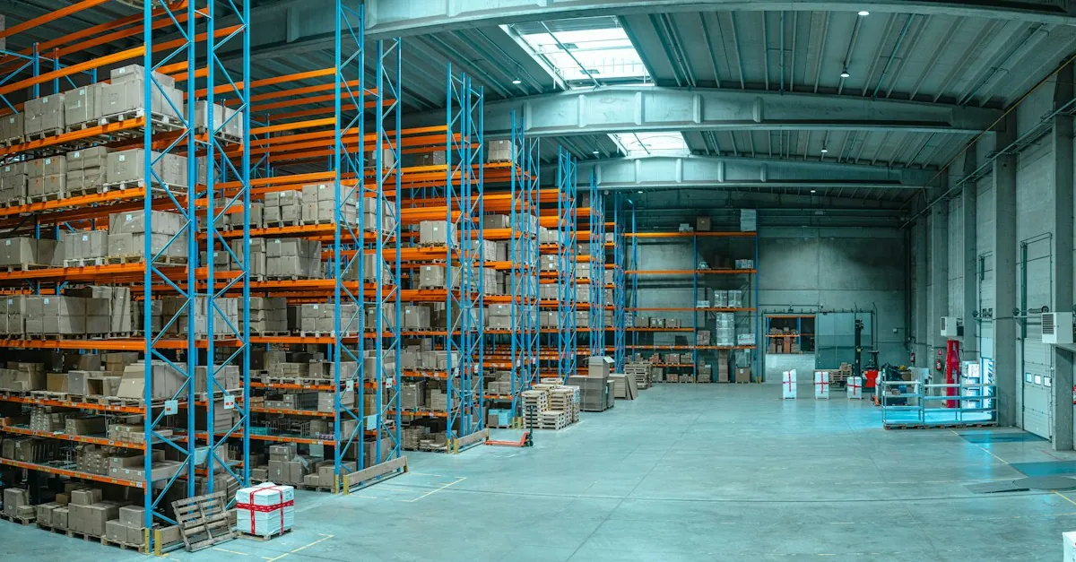Storage racks and circulation aisles in a warehouse