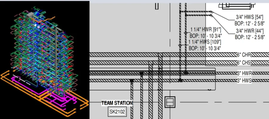 Building-services BIM model beside a coordinated pipework drawing