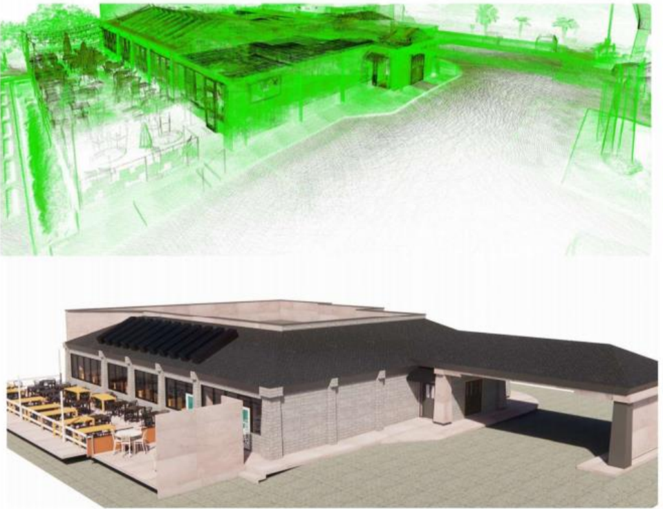 Point-cloud scan of a building above its reconstructed model