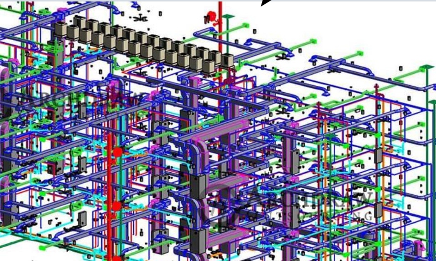 Building-services model with pipework, equipment and structural elements