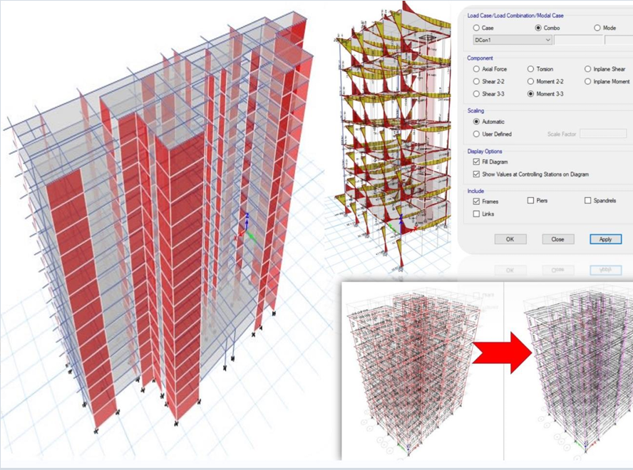 Structural building model showing reinforcement and framing